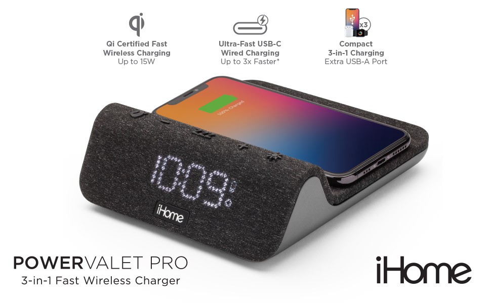 iHome POWERVALET PRO (iW30) 3in1 Compact Alarm Clock with Qi Wireless